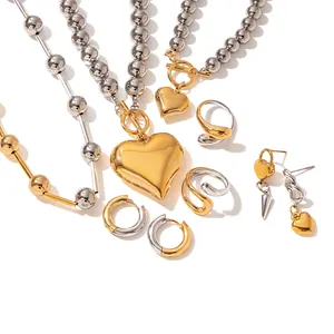 Stainless Steel Heart Pendant Necklace Bicolor Gold Silver Bead Ball Chain Ring Earrings Fashion Jewelry For Women