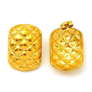 Golden woven geometric earrings in titanium steel with quilted pattern design for women