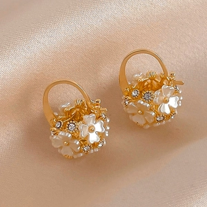 Flower Basket Hoop Earrings With Acrylic Flowers And Rhinestones Gold Plated Elegant Fashion Jewelry For Women