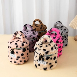 Leopard print plush makeup bag set with top handles and L-V-E-YOUTH label in multi colors