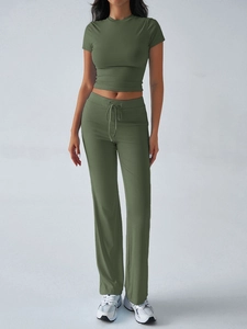 Olive green rib-knit casual set featuring a short sleeve crop top and drawstring trousers