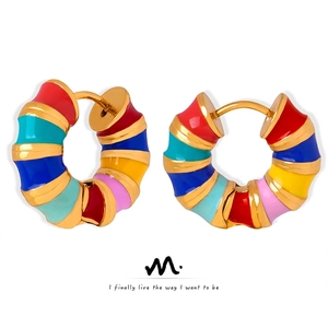 Titanium Steel Colorful Enamel Striped Hoop Earrings C Shaped Retro French Style Accessories For Women
