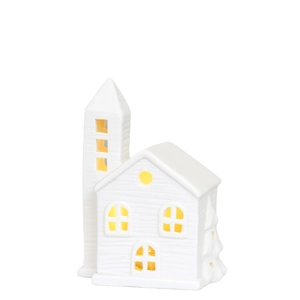 Ceramic LED house night light with warm glow and ribbed texture for home decor