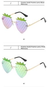 Detail of strawberry shaped frameless sunglasses with gradient lenses and gold metal frames