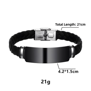 Detail of black woven leather bracelet with matte metal plate for custom engraving