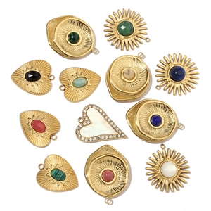 Set of 11 vintage 14k gold-plated heart and sun pendants with colorful natural stones
