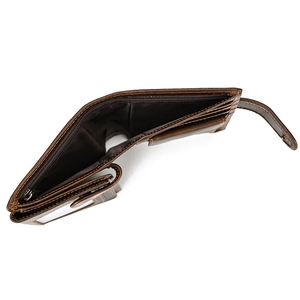 Detail view of genuine leather wallet showing card slots, ID window, and zipper pocket