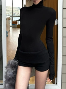 Ensemble Tricot Femmes Avec Haut À Col Montant Manches Longues Et Short Coupe Slim Mélange Laine Couleur Unie Chic Urbain Hiver