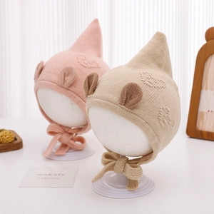 Infant Knitted Hat Acrylic Pointed Gnome Design Cute Animal Ears Chin Straps Warm Winter Beanie For Newborn Babies