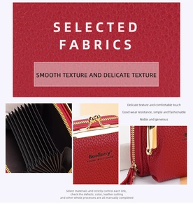 Detail of red lychee grain leather wallet showing accordion card slots and golden zipper