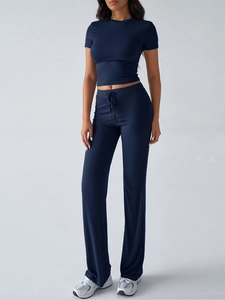 Detail of navy blue women's casual lounge set with short sleeve top and drawstring pants