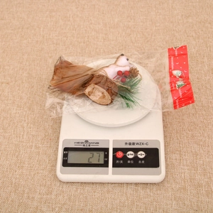 Precision scale measurement of a foam squirrel Christmas ornament weighing 27g in packaging