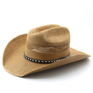 Western straw cowboy hat with hollow breathable crown and patterned band in 45-degree view
