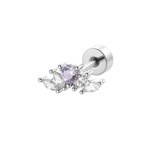 Titanium steel heart earring with purple zircon and marquise stones on white background