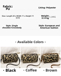 Detail of leopard print cylinder crossbody bag with dimensions 20x11x11cm in PU material