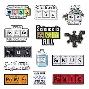 Scientific and math enamel pins set with chemical elements symbols and fun puns