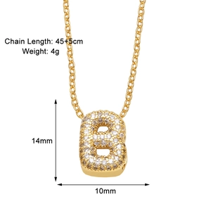 Close-up of gold letter B pendant necklace with pavé zircon stones and size dimensions