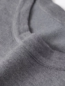 Macro detail of a gray knit sweater showing the fine texture and ribbed neckline finish