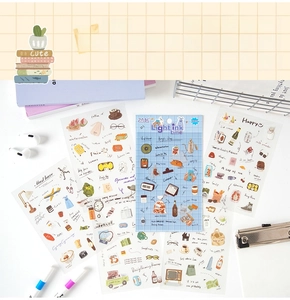 Set of 6 aesthetic lifestyle stickers with kitchen and travel hand-drawn illustrations