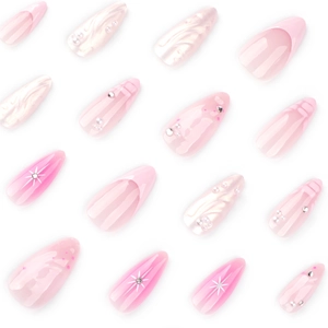 3D French water ripple press-on nails in pink almond shape with pearls and rhinestones
