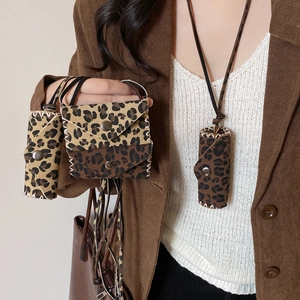Leopard Print Mini Bag Pendant Necklace PU Leather Lipstick Holder Long Sweater Chain Retro For Women Vintage