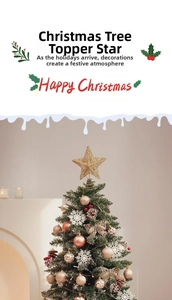 Close-up of golden wire Christmas tree star topper on a decorated holiday tree