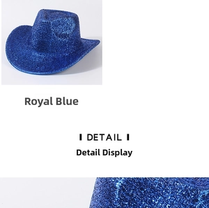 Detail view of royal blue glitter texture and structure on a stiff party cowboy hat