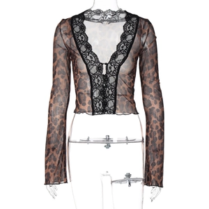 Detail of leopard print mesh cardigan showing lace trim and button-down front texture