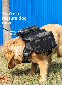Close-up of a golden retriever wearing a camouflage tactical dog backpack with storage bags