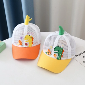 Kids breathable mesh baseball cap with cute cartoon dinosaur and 3D horns for summer