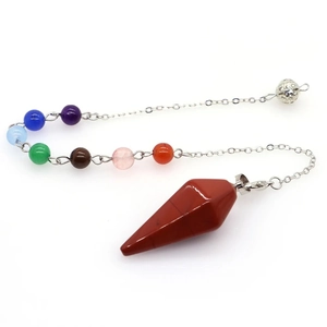 Natural red jasper hexagonal pendulum with seven chakra healing stones on silver chain