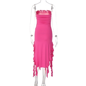 Detail of the side ruffled trim on a rose pink strapless bodycon midi dress