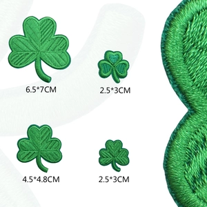 Green shamrock clover embroidered patches in various sizes for St. Patrick's Day decor