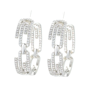 Silver paperclip link hoop earrings featuring micro-pave white zircon gemstones