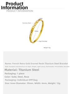 Detailed specs of the vintage gold titanium steel bracelet with white enamel LOVE inlay