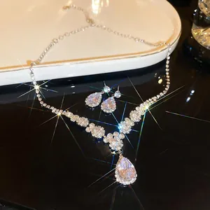 Elegant silver zircon waterdrop pendant necklace and earrings jewelry set for women