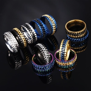 Men's titanium spinner ring with rotating chain inlay in various stylish colors