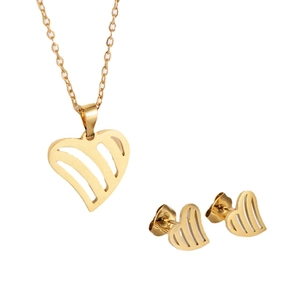Minimalist gold heart jewelry set with cutout pendant necklace and matching stud earrings
