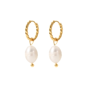 French style 18K gold plated twisted hoop earrings with elegant white freshwater pearls