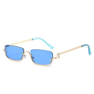 Fashionable half-frame square sunglasses with gold metal frames and vibrant blue lenses