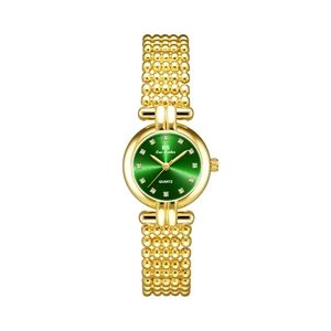 Elegant gold women's watch with a green dial and luxury bead chain bracelet