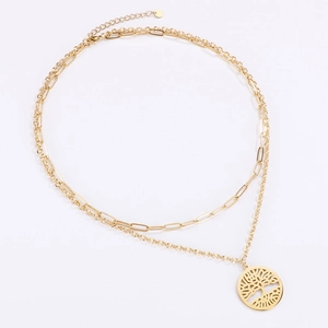 Close-up of golden double-layer necklace featuring tree of life pendant and paperclip chain
