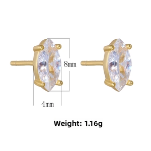 Macro detail of marquise cut zircon stud earrings with size 8x4mm dimensions marked