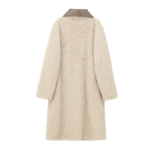 Beige faux fur long coat with brown lapel collar shown in a flat lay back view