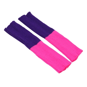 Detailed texture of purple and neon pink ribbed knit warmers with elastic stripe patterns