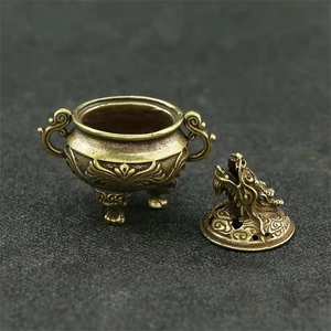 Mini brûleur d'encens en laiton vintage avec couvercle dragon et motifs nuages