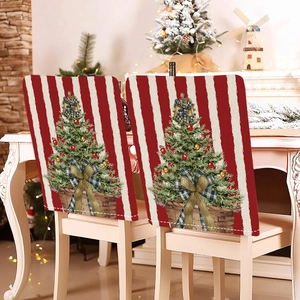 Christmas tree pattern chair covers with red stripes on warm fireplace background