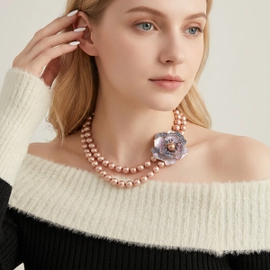 Vintage double layer champagne pearl necklace with blue enamel flower pendant