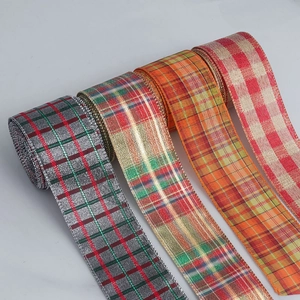 Christmas Halloween Plaid Ribbon Imitation Linen With Gold Silver Wire Gingham Scottish Style Gift Wrapping DIY Decoration