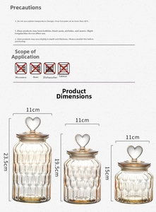 Size chart showing dimensions of amber heart-shaped lid glass storage canisters